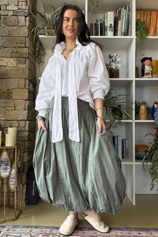 Paloma Bubble Hem Midi Skirt Soft Khaki 